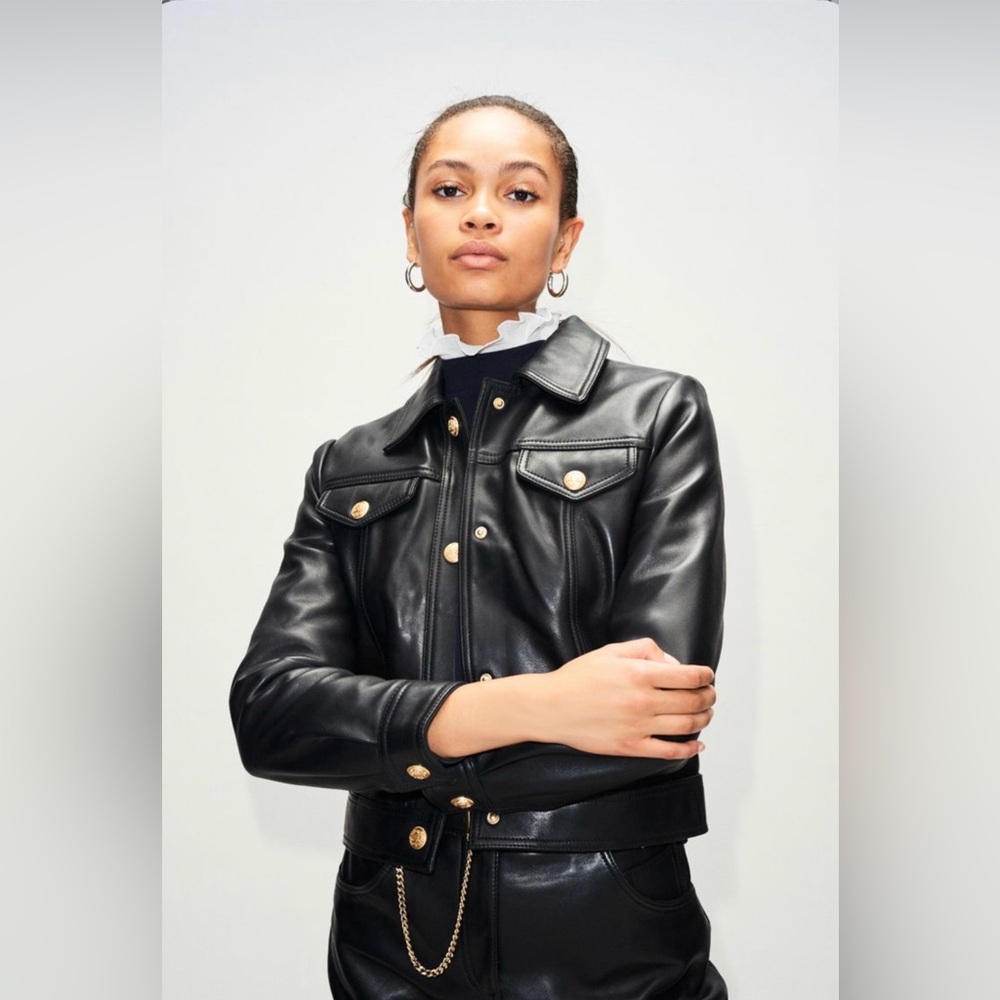 100% Real Lamb leather. Women's Black Leather Jacket with Gold Buttons